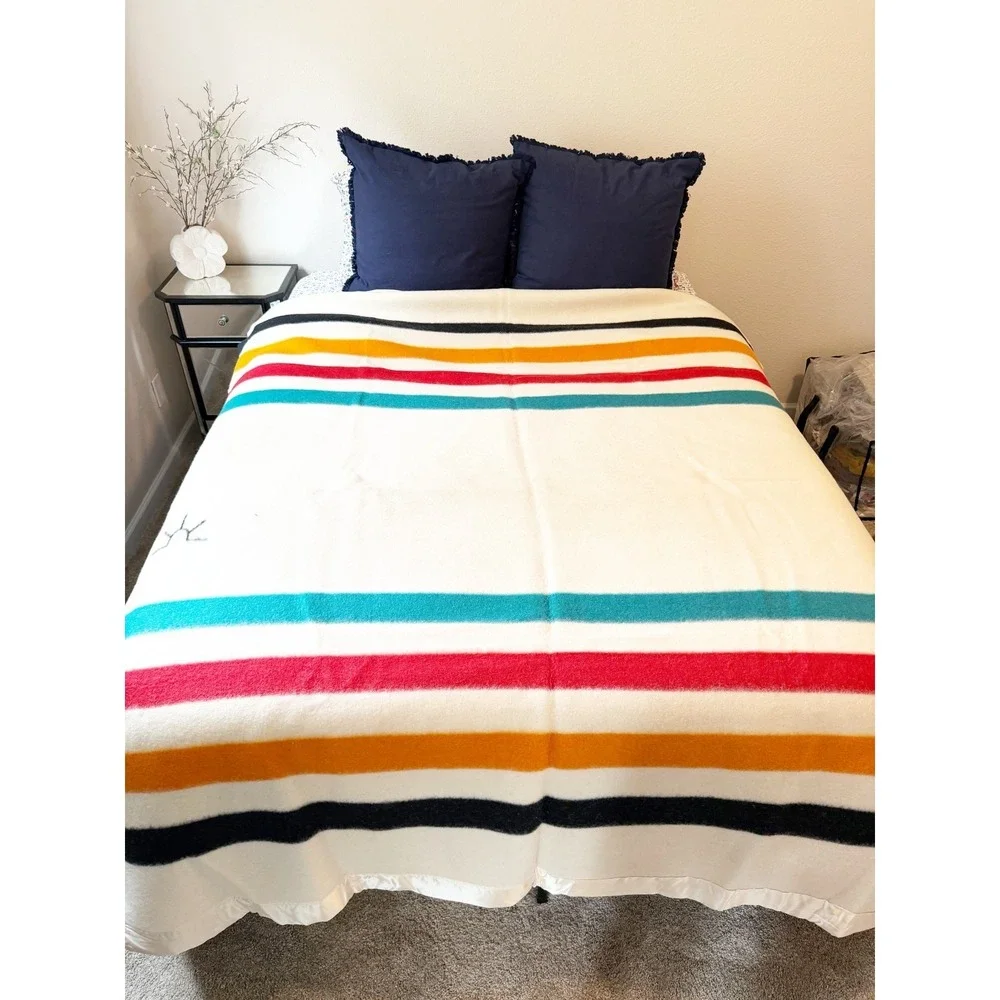 Baron Woolen Mills Vintage Wool Blanket Multi Stripe Western Cabincore 7' x 6.5'